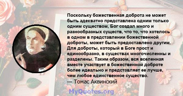 Поскольку божественная доброта не может быть адекватно представлена ​​одним только одним существом, Бог создал много и разнообразных существ, что то, что хотелось в одном в представлении божественной доброты, может быть 