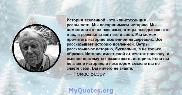 История вселенной - это квинтэссенция реальности. Мы воспринимаем историю. Мы поместили это на наш язык, птицы вкладывают это в их, и деревья ставят его в свои. Мы можем прочитать историю вселенной на деревьях. Все