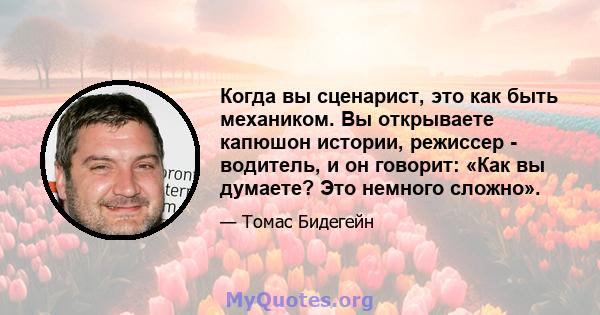 Когда вы сценарист, это как быть механиком. Вы открываете капюшон истории, режиссер - водитель, и он говорит: «Как вы думаете? Это немного сложно».