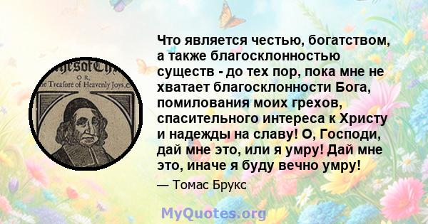 Что является честью, богатством, а также благосклонностью существ - до тех пор, пока мне не хватает благосклонности Бога, помилования моих грехов, спасительного интереса к Христу и надежды на славу! О, Господи, дай мне