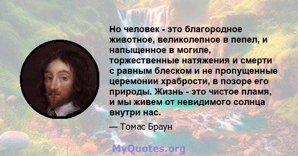 Но человек - это благородное животное, великолепное в пепел, и напыщенное в могиле, торжественные натяжения и смерти с равным блеском и не пропущенные церемонии храбрости, в позоре его природы. Жизнь - это чистое пламя, 