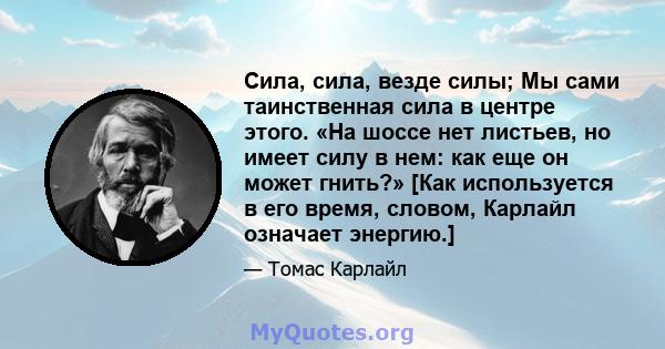 Сила, сила, везде силы; Мы сами таинственная сила в центре этого. «На шоссе нет листьев, но имеет силу в нем: как еще он может гнить?» [Как используется в его время, словом, Карлайл означает энергию.]