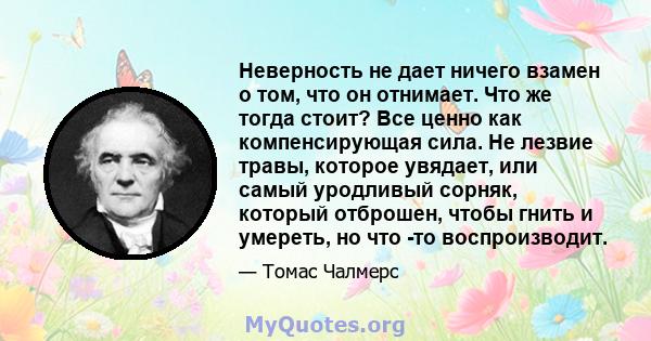 Неверность не дает ничего взамен о том, что он отнимает. Что же тогда стоит? Все ценно как компенсирующая сила. Не лезвие травы, которое увядает, или самый уродливый сорняк, который отброшен, чтобы гнить и умереть, но