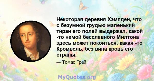 Некоторая деревня Хэмпден, что с безумной грудью маленький тиран его полей выдержал, какой -то немой бесславного Милтона здесь может покоиться, какая -то Кромвель, без вина кровь его страны.