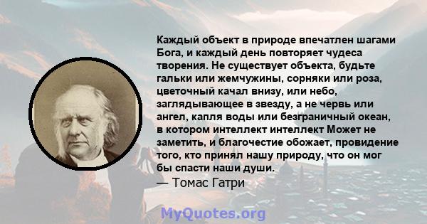 Каждый объект в природе впечатлен шагами Бога, и каждый день повторяет чудеса творения. Не существует объекта, будьте гальки или жемчужины, сорняки или роза, цветочный качал внизу, или небо, заглядывающее в звезду, а не 