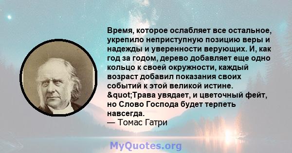 Время, которое ослабляет все остальное, укрепило неприступную позицию веры и надежды и уверенности верующих. И, как год за годом, дерево добавляет еще одно кольцо к своей окружности, каждый возраст добавил показания