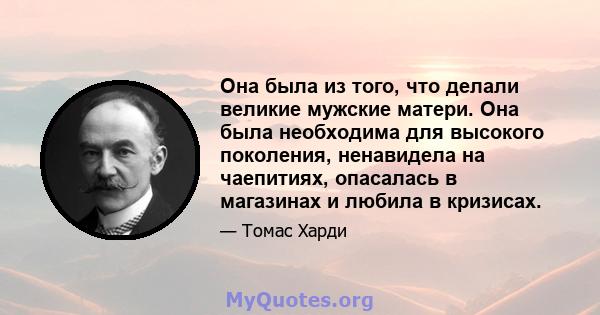 Она была из того, что делали великие мужские матери. Она была необходима для высокого поколения, ненавидела на чаепитиях, опасалась в магазинах и любила в кризисах.