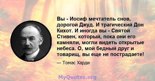 Вы - Иосиф мечтатель снов, дорогой Джуд. И трагический Дон Кихот. И иногда вы - Святой Стивен, который, пока они его камняли, могли видеть открытые небеса. О, мой бедный друг и товарищ, вы еще не пострадаете!