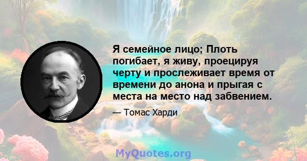 Я семейное лицо; Плоть погибает, я живу, проецируя черту и прослеживает время от времени до анона и прыгая с места на место над забвением.