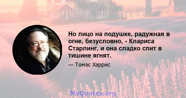 Но лицо на подушке, радужная в огне, безусловно, - Клариса Старлинг, и она сладко спит в тишине ягнят.