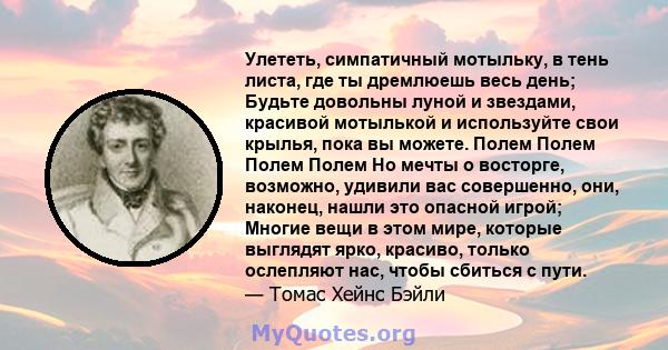 Улететь, симпатичный мотыльку, в тень листа, где ты дремлюешь весь день; Будьте довольны луной и звездами, красивой мотылькой и используйте свои крылья, пока вы можете. Полем Полем Полем Полем Но мечты о восторге,