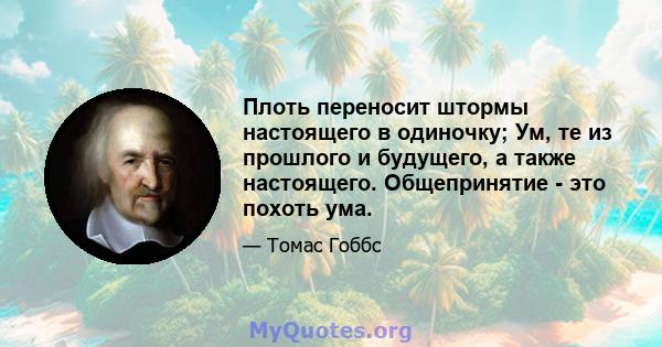 Плоть переносит штормы настоящего в одиночку; Ум, те из прошлого и будущего, а также настоящего. Общепринятие - это похоть ума.