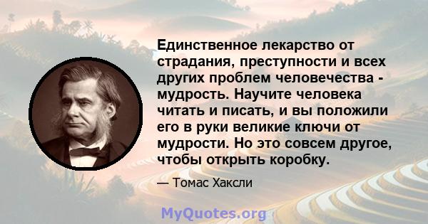 Единственное лекарство от страдания, преступности и всех других проблем человечества - мудрость. Научите человека читать и писать, и вы положили его в руки великие ключи от мудрости. Но это совсем другое, чтобы открыть