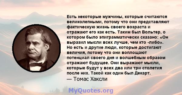 Есть некоторые мужчины, которые считаются великолепными, потому что они представляют фактическую жизнь своего возраста и отражают его как есть. Таким был Вольтер, о котором было эпиграмматически сказано: «Он выразил