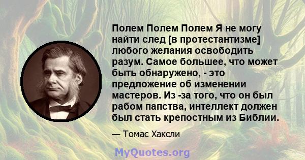 Полем Полем Полем Я не могу найти след [в протестантизме] любого желания освободить разум. Самое большее, что может быть обнаружено, - это предложение об изменении мастеров. Из -за того, что он был рабом папства,