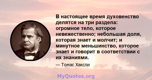 В настоящее время духовенство делятся на три раздела: огромное тело, которое невежественно; небольшая доля, которая знает и молчит; и минутное меньшинство, которое знает и говорит в соответствии с их знаниями.