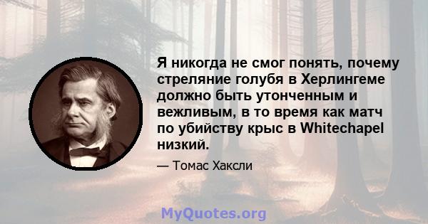 Я никогда не смог понять, почему стреляние голубя в Херлингеме должно быть утонченным и вежливым, в то время как матч по убийству крыс в Whitechapel низкий.