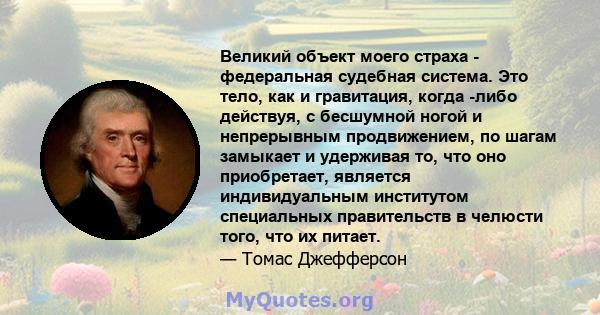 Великий объект моего страха - федеральная судебная система. Это тело, как и гравитация, когда -либо действуя, с бесшумной ногой и непрерывным продвижением, по шагам замыкает и удерживая то, что оно приобретает, является 