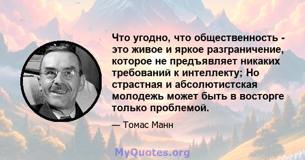 Что угодно, что общественность - это живое и яркое разграничение, которое не предъявляет никаких требований к интеллекту; Но страстная и абсолютистская молодежь может быть в восторге только проблемой.