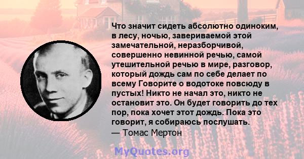 Что значит сидеть абсолютно одиноким, в лесу, ночью, завериваемой этой замечательной, неразборчивой, совершенно невинной речью, самой утешительной речью в мире, разговор, который дождь сам по себе делает по всему