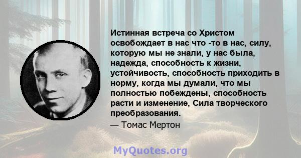 Истинная встреча со Христом освобождает в нас что -то в нас, силу, которую мы не знали, у нас была, надежда, способность к жизни, устойчивость, способность приходить в норму, когда мы думали, что мы полностью побеждены, 