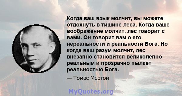 Когда ваш язык молчит, вы можете отдохнуть в тишине леса. Когда ваше воображение молчит, лес говорит с вами. Он говорит вам о его нереальности и реальности Бога. Но когда ваш разум молчит, лес внезапно становится