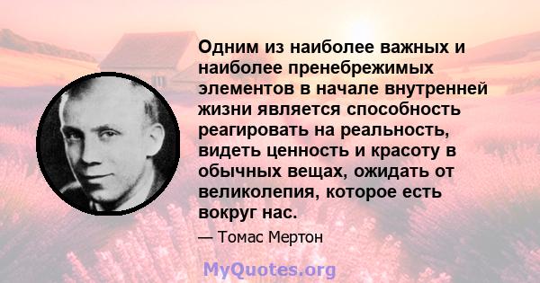 Одним из наиболее важных и наиболее пренебрежимых элементов в начале внутренней жизни является способность реагировать на реальность, видеть ценность и красоту в обычных вещах, ожидать от великолепия, которое есть