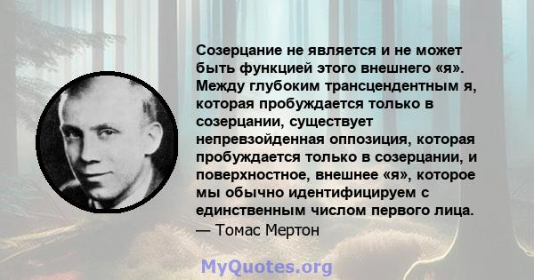 Созерцание не является и не может быть функцией этого внешнего «я». Между глубоким трансцендентным я, которая пробуждается только в созерцании, существует непревзойденная оппозиция, которая пробуждается только в