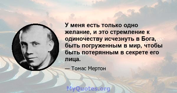 У меня есть только одно желание, и это стремление к одиночеству исчезнуть в Бога, быть погруженным в мир, чтобы быть потерянным в секрете его лица.