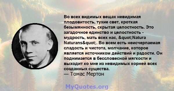 Во всех видимых вещах невидимая плодовитость, тухие свет, кроткая безымянность, скрытая целостность. Это загадочное единство и целостность - мудрость, мать всех нас, "Natura Naturans". Во всем есть