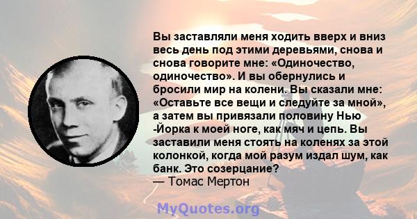 Вы заставляли меня ходить вверх и вниз весь день под этими деревьями, снова и снова говорите мне: «Одиночество, одиночество». И вы обернулись и бросили мир на колени. Вы сказали мне: «Оставьте все вещи и следуйте за