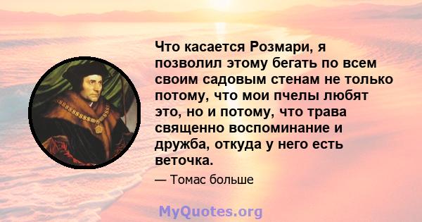 Что касается Розмари, я позволил этому бегать по всем своим садовым стенам не только потому, что мои пчелы любят это, но и потому, что трава священно воспоминание и дружба, откуда у него есть веточка.