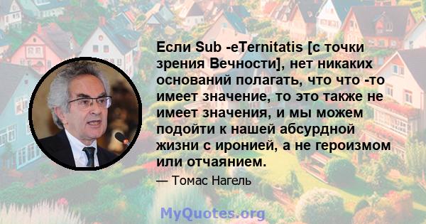 Если Sub -eTernitatis [с точки зрения Вечности], нет никаких оснований полагать, что что -то имеет значение, то это также не имеет значения, и мы можем подойти к нашей абсурдной жизни с иронией, а не героизмом или