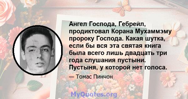 Ангел Господа, Гебрейл, продиктовал Корана Мухаммэму пророку Господа. Какая шутка, если бы вся эта святая книга была всего лишь двадцать три года слушания пустыни. Пустыня, у которой нет голоса.