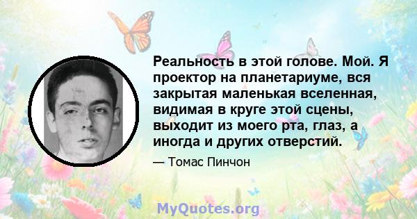 Реальность в этой голове. Мой. Я проектор на планетариуме, вся закрытая маленькая вселенная, видимая в круге этой сцены, выходит из моего рта, глаз, а иногда и других отверстий.