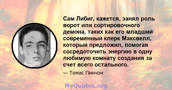 Сам Либиг, кажется, занял роль ворот или сортировочного демона, таких как его младший современный клерк Максвелл, который предложил, помогая сосредоточить энергию в одну любимую комнату создания за счет всего остального.