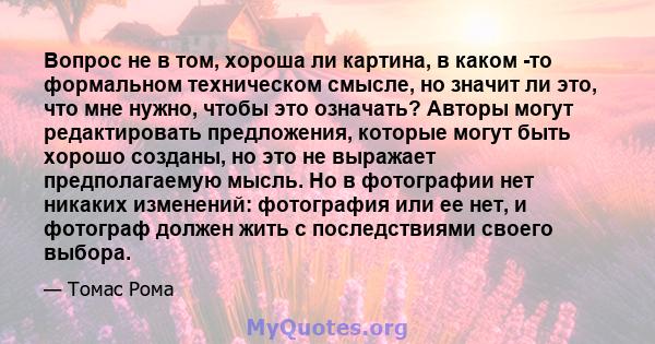 Вопрос не в том, хороша ли картина, в каком -то формальном техническом смысле, но значит ли это, что мне нужно, чтобы это означать? Авторы могут редактировать предложения, которые могут быть хорошо созданы, но это не