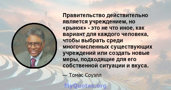 Правительство действительно является учреждением, но «рынок» - это не что иное, как вариант для каждого человека, чтобы выбрать среди многочисленных существующих учреждений или создать новые меры, подходящие для его