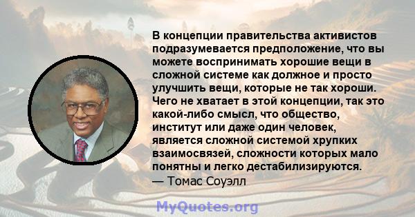 В концепции правительства активистов подразумевается предположение, что вы можете воспринимать хорошие вещи в сложной системе как должное и просто улучшить вещи, которые не так хороши. Чего не хватает в этой концепции,