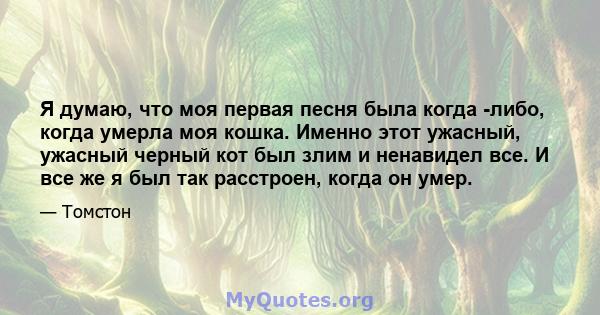 Я думаю, что моя первая песня была когда -либо, когда умерла моя кошка. Именно этот ужасный, ужасный черный кот был злим и ненавидел все. И все же я был так расстроен, когда он умер.