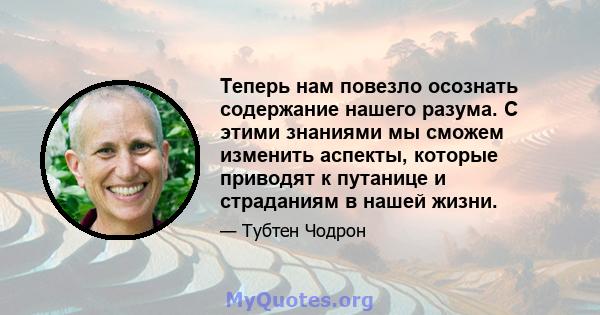 Теперь нам повезло осознать содержание нашего разума. С этими знаниями мы сможем изменить аспекты, которые приводят к путанице и страданиям в нашей жизни.