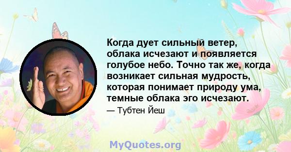 Когда дует сильный ветер, облака исчезают и появляется голубое небо. Точно так же, когда возникает сильная мудрость, которая понимает природу ума, темные облака эго исчезают.