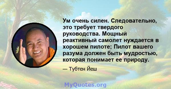 Ум очень силен. Следовательно, это требует твердого руководства. Мощный реактивный самолет нуждается в хорошем пилоте; Пилот вашего разума должен быть мудростью, которая понимает ее природу.