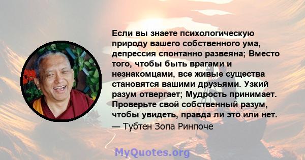 Если вы знаете психологическую природу вашего собственного ума, депрессия спонтанно развеяна; Вместо того, чтобы быть врагами и незнакомцами, все живые существа становятся вашими друзьями. Узкий разум отвергает;