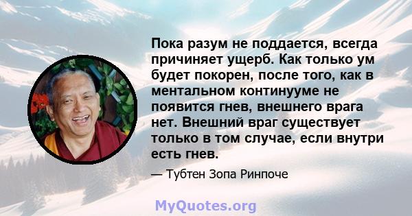 Пока разум не поддается, всегда причиняет ущерб. Как только ум будет покорен, после того, как в ментальном континууме не появится гнев, внешнего врага нет. Внешний враг существует только в том случае, если внутри есть