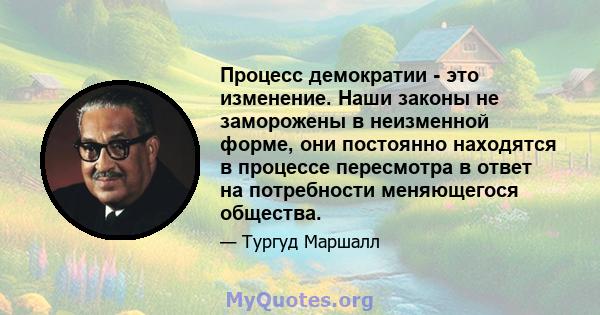 Процесс демократии - это изменение. Наши законы не заморожены в неизменной форме, они постоянно находятся в процессе пересмотра в ответ на потребности меняющегося общества.