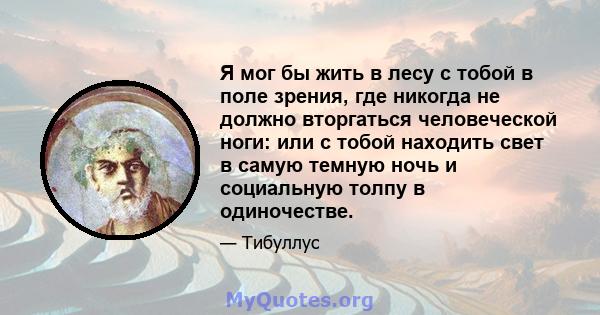 Я мог бы жить в лесу с тобой в поле зрения, где никогда не должно вторгаться человеческой ноги: или с тобой находить свет в самую темную ночь и социальную толпу в одиночестве.