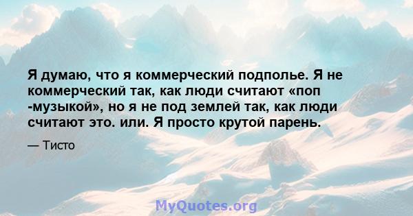 Я думаю, что я коммерческий подполье. Я не коммерческий так, как люди считают «поп -музыкой», но я не под землей так, как люди считают это. или. Я просто крутой парень.