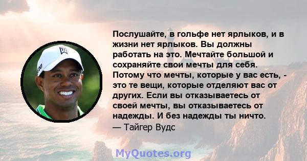 Послушайте, в гольфе нет ярлыков, и в жизни нет ярлыков. Вы должны работать на это. Мечтайте большой и сохраняйте свои мечты для себя. Потому что мечты, которые у вас есть, - это те вещи, которые отделяют вас от других. 