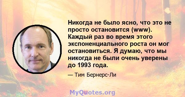 Никогда не было ясно, что это не просто остановится (www). Каждый раз во время этого экспоненциального роста он мог остановиться. Я думаю, что мы никогда не были очень уверены до 1993 года.